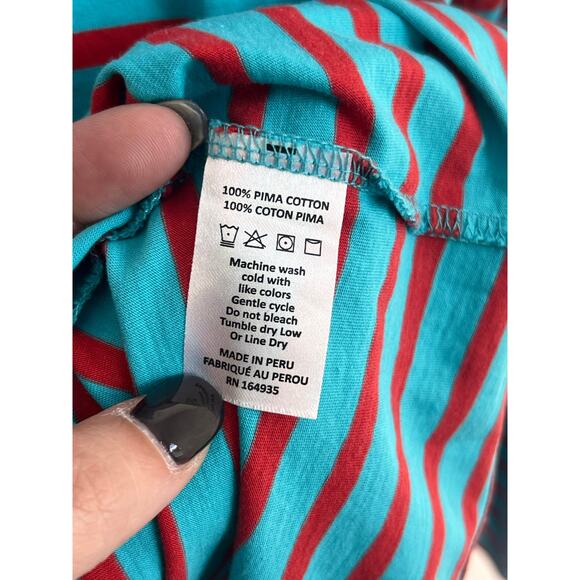 Frances Valentine Pima Cotton Striped Long Sleeve Crew Neck Tee Turquoise Red M - Picture 9 of 9